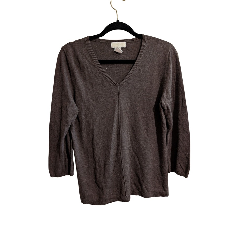 Christina V-Neck Sweater Women L Cashmere Silk Blend 3/4 Sleeve Seam Detail